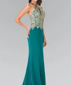 Formal Gowns Elizabeth K - GL2231 Embroidered Halter Jersey Trumpet Dress