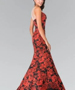 Elizabeth K - GL2246 Illusion Bateau Neckline With Floral Print Gown Formal Gowns