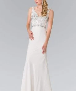 Elizabeth K - GL2261 V-Neck With Beads And Jewels Embellished Gown Formal Gowns