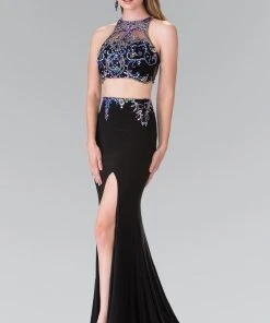 Elizabeth K - GL2277 Beaded Halter Neck Rome Jersey Trumpet Gown