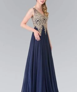Elizabeth K - GL2311 Intricate Lace V-Neck A-Line Gown - 1 Pc Navy In Size L Available