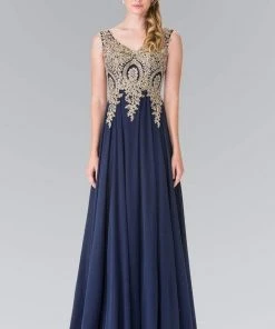 Elizabeth K - GL2311 Intricate Lace V-Neck A-Line Gown - 1 Pc Navy In Size L Available