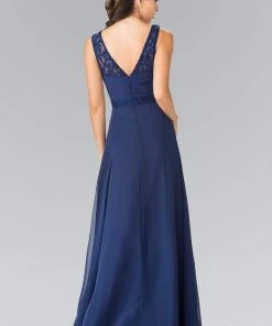 Elizabeth K - GL2363 Lace Embellished Pleated V-Neck Dress