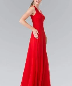 Elizabeth K - GL2363 Lace Embellished Pleated V-Neck Dress