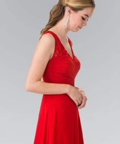 Elizabeth K - GL2363 Lace Embellished Pleated V-Neck Dress