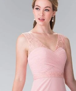 Elizabeth K - GL2363 Lace Embellished Pleated V-Neck Dress