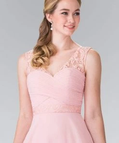 Elizabeth K - GL2363 Lace Embellished Pleated V-Neck Dress