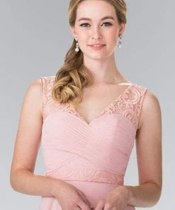 Elizabeth K - GL2363 Lace Embellished Pleated V-Neck Dress