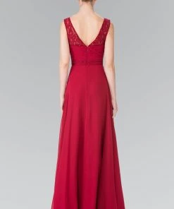 Elizabeth K - GL2363 Lace Embellished Pleated V-Neck Dress