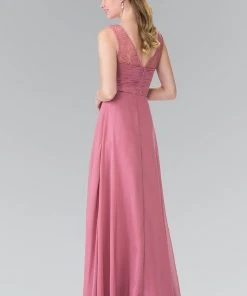 Elizabeth K - GL2363 Lace Embellished Pleated V-Neck Dress