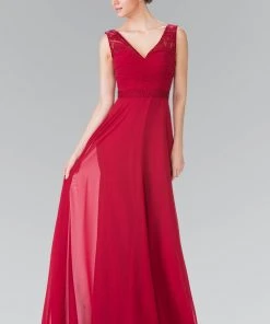 Elizabeth K - GL2363 Lace Embellished Pleated V-Neck Dress