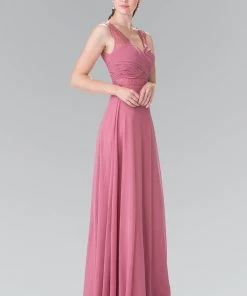 Elizabeth K - GL2363 Lace Embellished Pleated V-Neck Dress