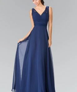 Elizabeth K - GL2363 Lace Embellished Pleated V-Neck Dress