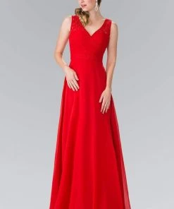 Elizabeth K - GL2363 Lace Embellished Pleated V-Neck Dress