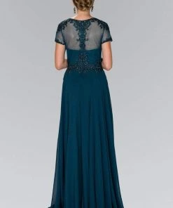 Elizabeth K - GL2406 Short Sleeve Illusion Lace Ornate Chiffon Gown Formal Gowns