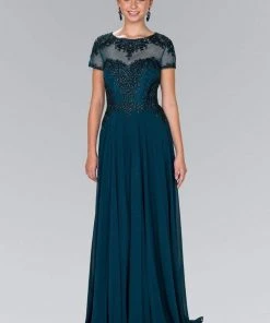 Elizabeth K - GL2406 Short Sleeve Illusion Lace Ornate Chiffon Gown Formal Gowns