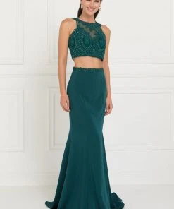 Formal Gowns Elizabeth K - GL2419 Embroidered Two Piece Halter Evening Dress