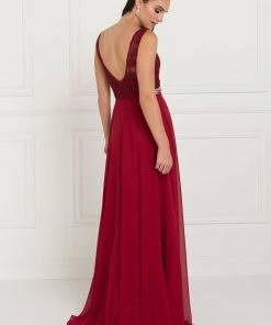 Formal Gowns Elizabeth K - GL2420 Jeweled Waist Lace A-Line Gown