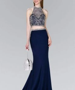 Elizabeth K - GL2424 Crystal Ornate Illusion High Neck Two-Piece Gown Formal Gowns