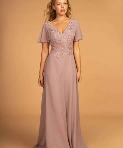 Formal Gowns Elizabeth K - GL2520 Embroidered V-Neck A-Line Evening Gown