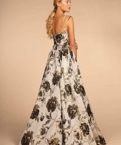 Formal Gowns Elizabeth K - GL2657 Floral Print Deep V-neck A-line Dress