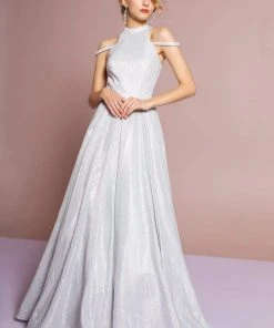 Elizabeth K - GL2664 Glitter Crepe High Neck A-line Dress