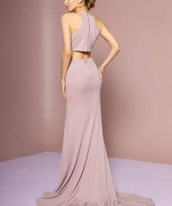 Formal Gowns Elizabeth K - GL2668 Plunging Halter Dress With Slit