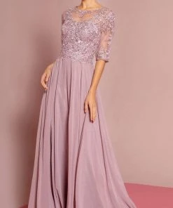 Elizabeth K - GL2681 Half Sleeve Embroidered Illusion Lace Gown Formal Gowns