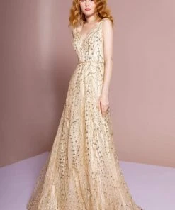 Elizabeth K - GL2691 Mesh Glitter Deep V-neck A-line Gown