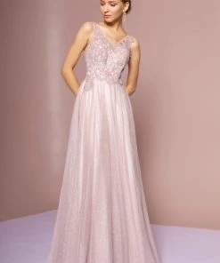 Elizabeth K - GL2692 Embroidered V-Neck A-Line Dress