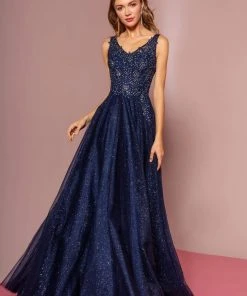 Elizabeth K - GL2692 Embroidered V-Neck A-Line Dress