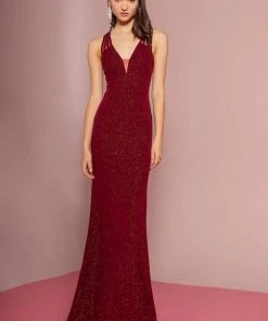 Formal Gowns Elizabeth K - GL2704 Glitter Crepe Deep V-neck Trumpet Dress