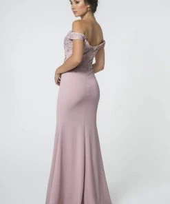 Elizabeth K - GL2708 Embroidered Off-Shoulder Jersey Trumpet Dress