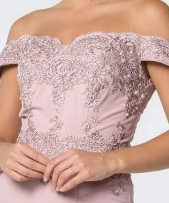 Elizabeth K - GL2708 Embroidered Off-Shoulder Jersey Trumpet Dress