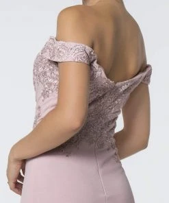 Elizabeth K - GL2708 Embroidered Off-Shoulder Jersey Trumpet Dress