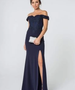 Elizabeth K - GL2708 Embroidered Off-Shoulder Jersey Trumpet Dress