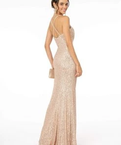 Elizabeth K - GL2918 Sequined Plunging V-neck Sheath Dress Formal Gowns
