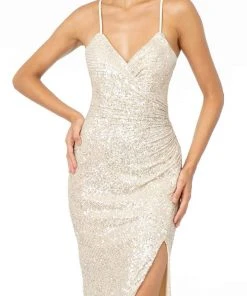 Elizabeth K - GL2918 Sequined Plunging V-neck Sheath Dress Formal Gowns
