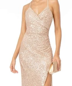 Elizabeth K - GL2918 Sequined Plunging V-neck Sheath Dress Formal Gowns
