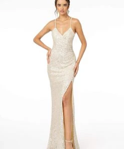 Elizabeth K - GL2918 Sequined Plunging V-neck Sheath Dress Formal Gowns