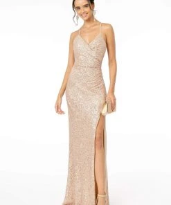 Elizabeth K - GL2918 Sequined Plunging V-neck Sheath Dress Formal Gowns
