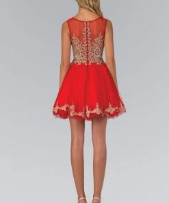 Elizabeth K - Gold Lace Accent Top Tulle Short Dress GS1334