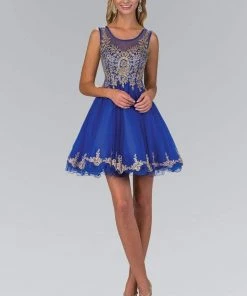 Elizabeth K - Gold Lace Accent Top Tulle Short Dress GS1334