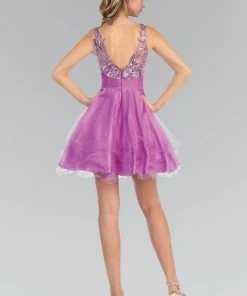 Elizabeth K - GS1126 Floral Applique V-Neck Tulle Dress Cocktail Dresses