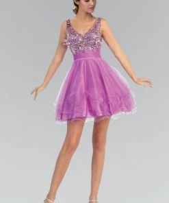 Elizabeth K - GS1126 Floral Applique V-Neck Tulle Dress Cocktail Dresses