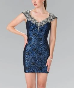 Cocktail Dresses Elizabeth K - GS1436 Sequined V Neck Cocktail Dress