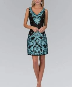 Cocktail Dresses Elizabeth K - GS1437 Embroidered Lace V-Neck Cocktail Dress