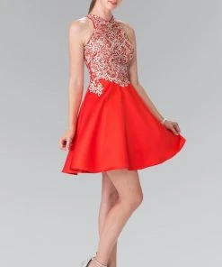 Cocktail Dresses Elizabeth K - GS1442 Embellished High Neck Lace A-Line Dress