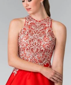 Cocktail Dresses Elizabeth K - GS1442 Embellished High Neck Lace A-Line Dress