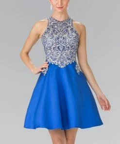 Cocktail Dresses Elizabeth K - GS1442 Embellished High Neck Lace A-Line Dress